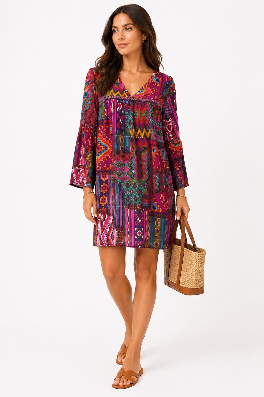 Uncle Frank Red Multicolor Boho Print Mini Shift Dress Womens Medium Made USA